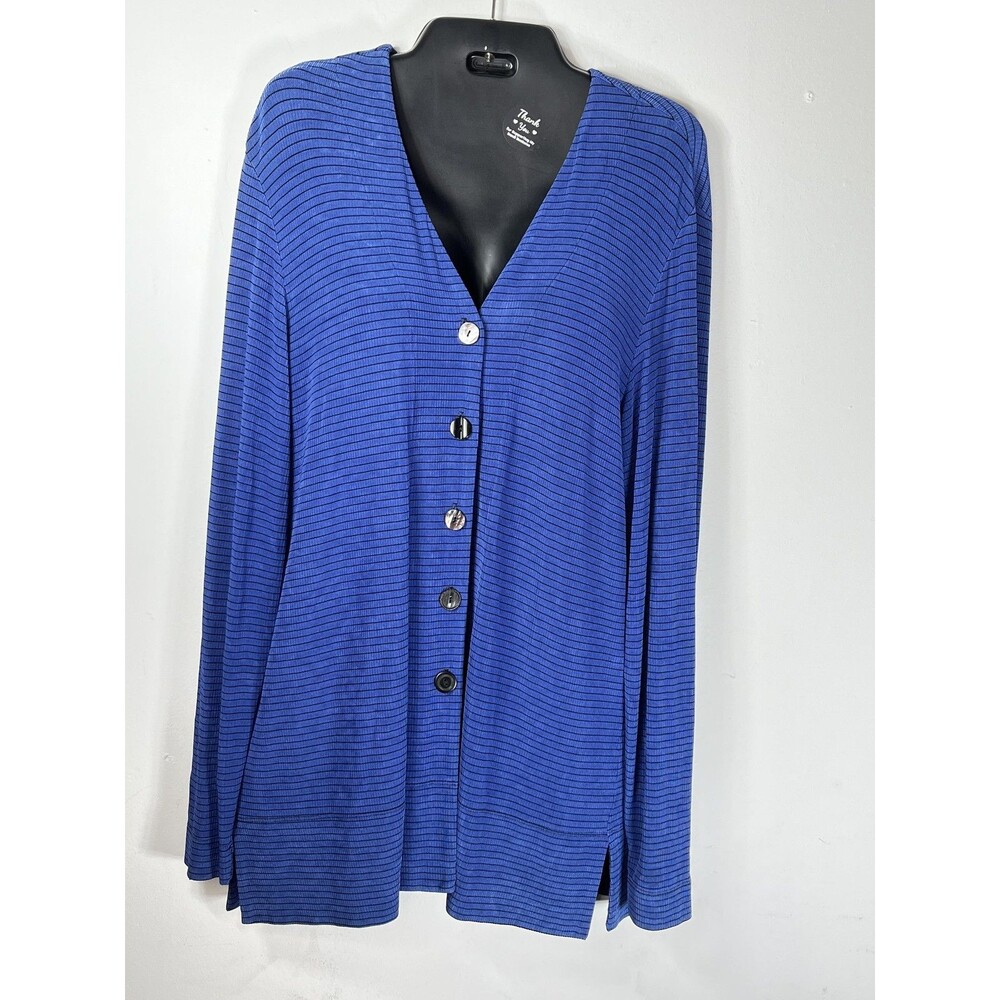 Chico's Blouse Womens 1 M Blue Stripe V Neck Button Long Sleeve Travelers Tunic
